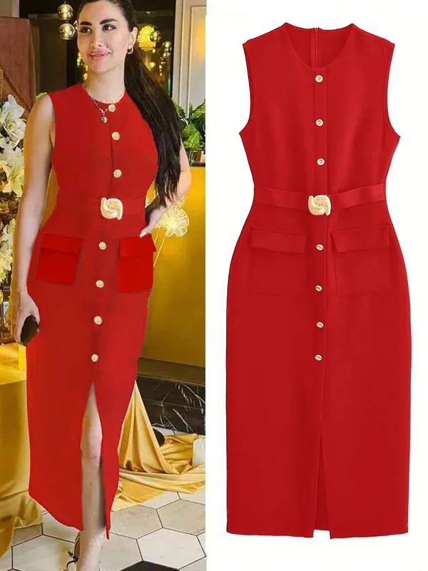 Sem mangas botão para baixo ashirtdress com cinto cor sólida fenda frontal elegante para vestidos de festa de escritório luxo 2025 ashirtwaister