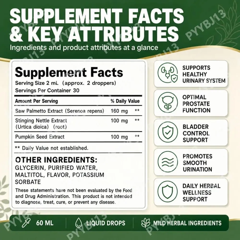 Docteat Prostate Support Liquid Drops Saw Palmetto Nettle Root Pumpkin Seed Extract Men's Daily Wellness 60ml 2 fl oz 30 Days