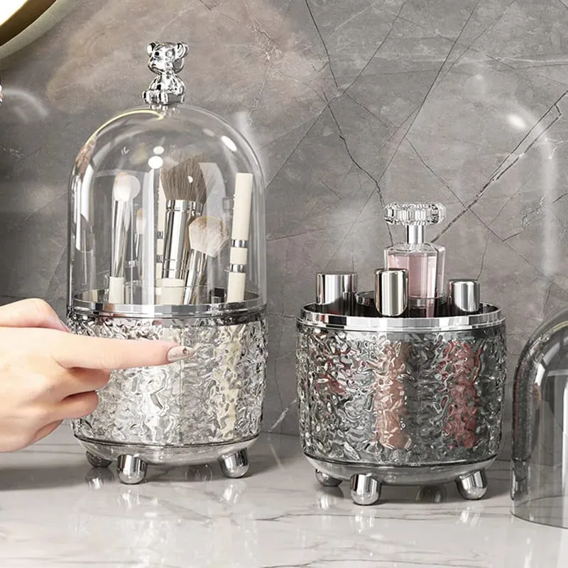 Suporte giratório para pincéis de maquiagem 360 °, organizador cosmético de mesa portátil, à prova de poeira com capa, batom, perfume, organizador de desordem