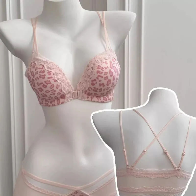 Victoria estilo conjunto de lingerie sem fio rosa leopardo padrão fechamento frontal sutiã sensual volta push up para busto pequeno 32-38