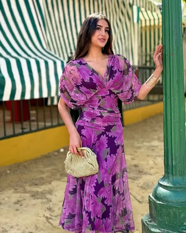 Feminino sólido profundo decote em v malha vestido longo elegante puff manga curta ruched cintura alta vestidos 2026 verão senhora casual rua robe
