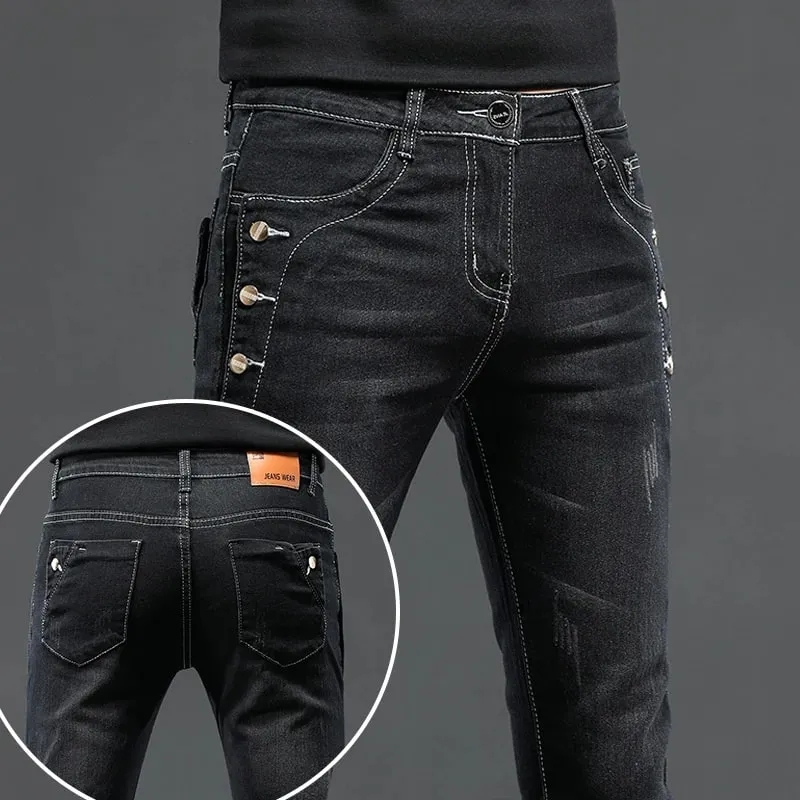 Novos homens magro coreano botão jeans preto magro cor sólida estiramento multi-botão juventude masculino calças jeans streetwear