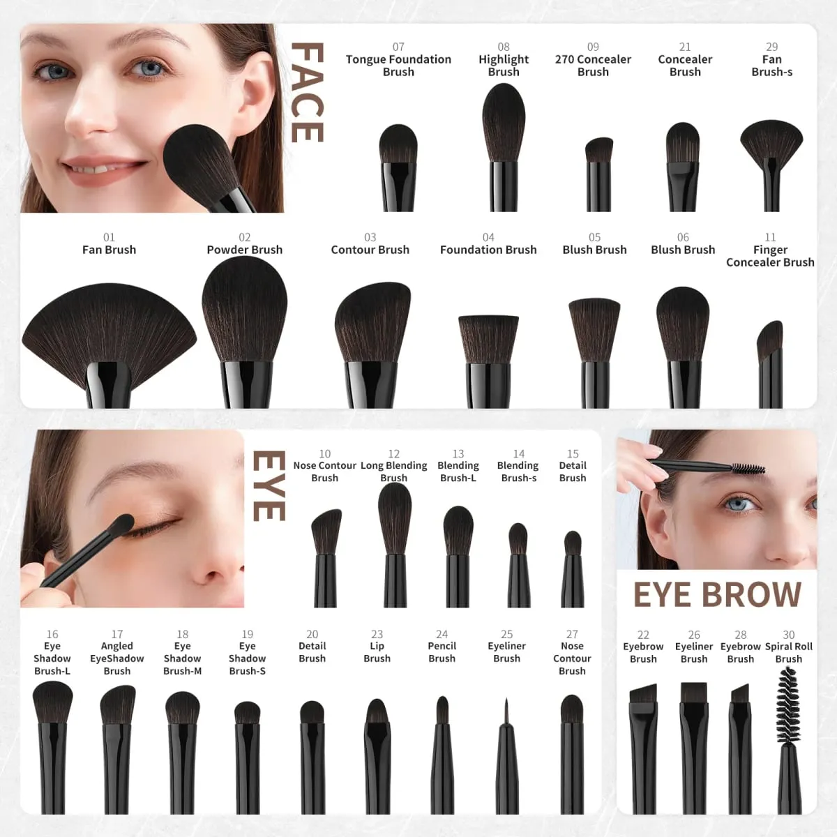 Docolor Makeup Brushes Set Professional 30Pcs OBSIDIAN Powder Foundation Contour Blush Concealer Eyeshadow Eyeliner Eyebrow