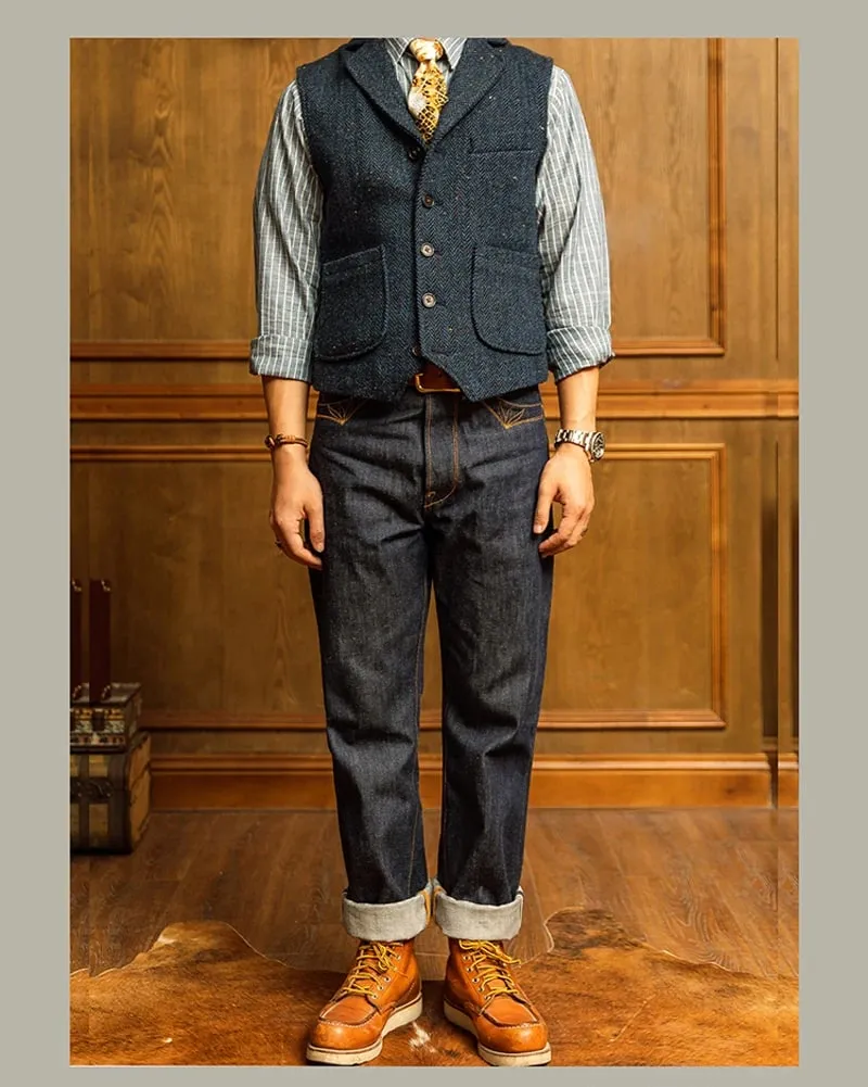 Red Tornado 350 Jeans Selvedge com desenhos de costura de bolso com fivela nas costas 14 onças Calça jeans crua