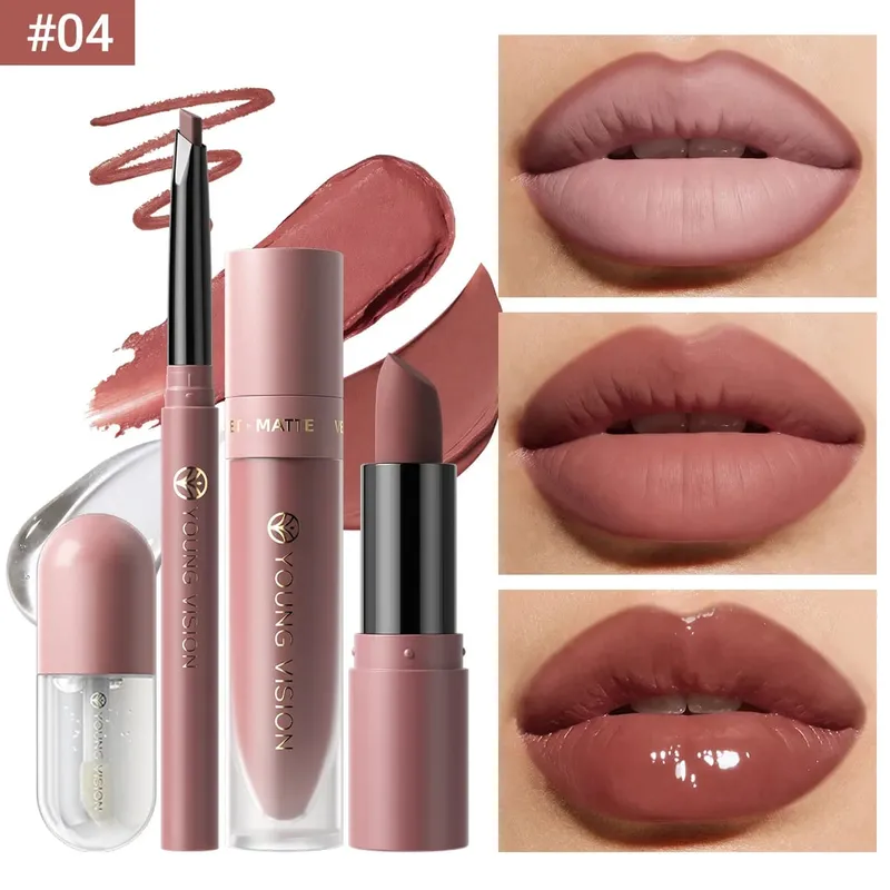 Conjunto de 4 unidades kit de maquiagem labial forro batom líquido óleo labial 8 cores opcionais fosco veludo labial para maquiagem diária de festa — image 9