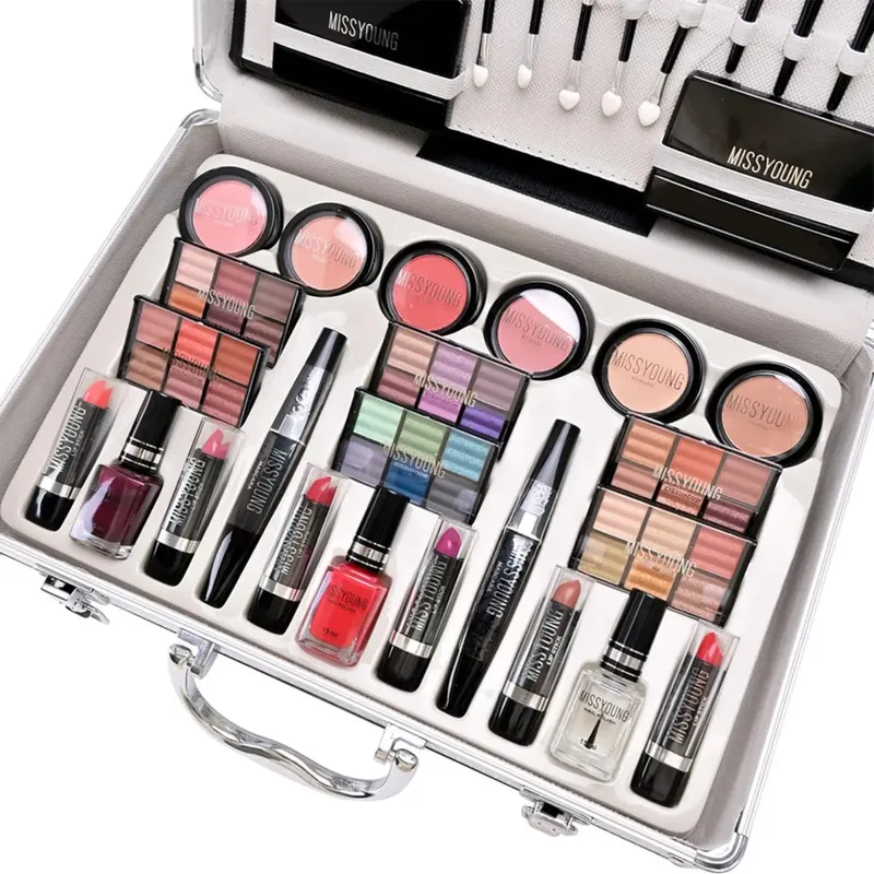 Caixa de maquiagem tudo em 1, 68 peças, paleta de sombra, pó, batom, rímel, lápis labial, pincel labial, blush, espelho