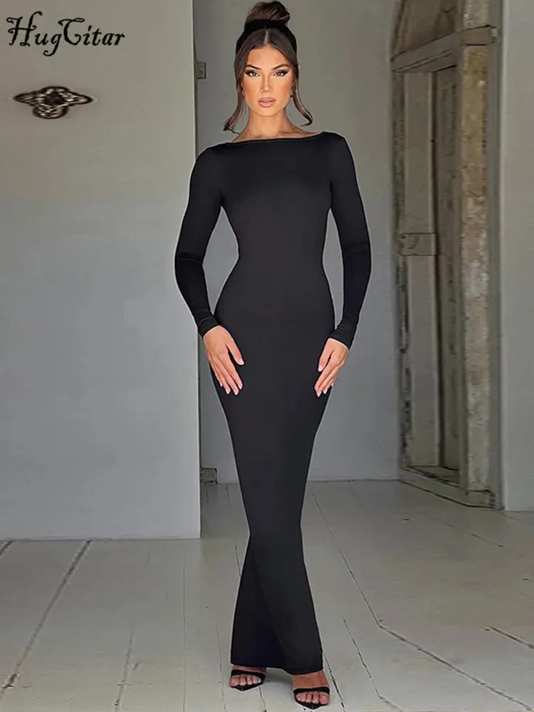 Hugcitar primavera elegante manga longa sem costas sólido cuched sexy bodycon maxi vestido de baile roupa feminina festa à noite festival y2k