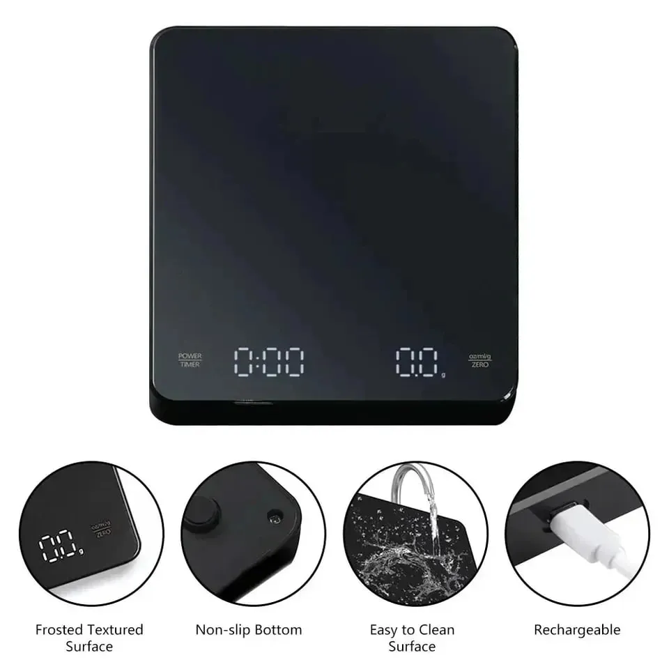 Balança de café expresso digital recarregável USB com temporizador Tela LED 3kg 0,1g Balança de cozinha de precisão Suporte para conversão de unidade g oz ml