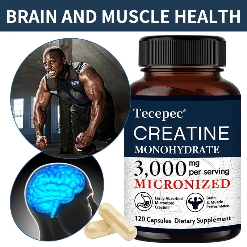 Cápsulas de Creatina Monohidratada 3000 mg Apoiam o Pré-Treino e Músculos Saudáveis, Foco e Memória Fácil de Absorver Fácil de Engolir