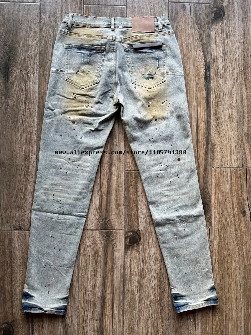 Calça jeans masculina alta rua desgastada, lavada, azul claro, graffiti, buracos danificados, stretch, botão magro, rasgado