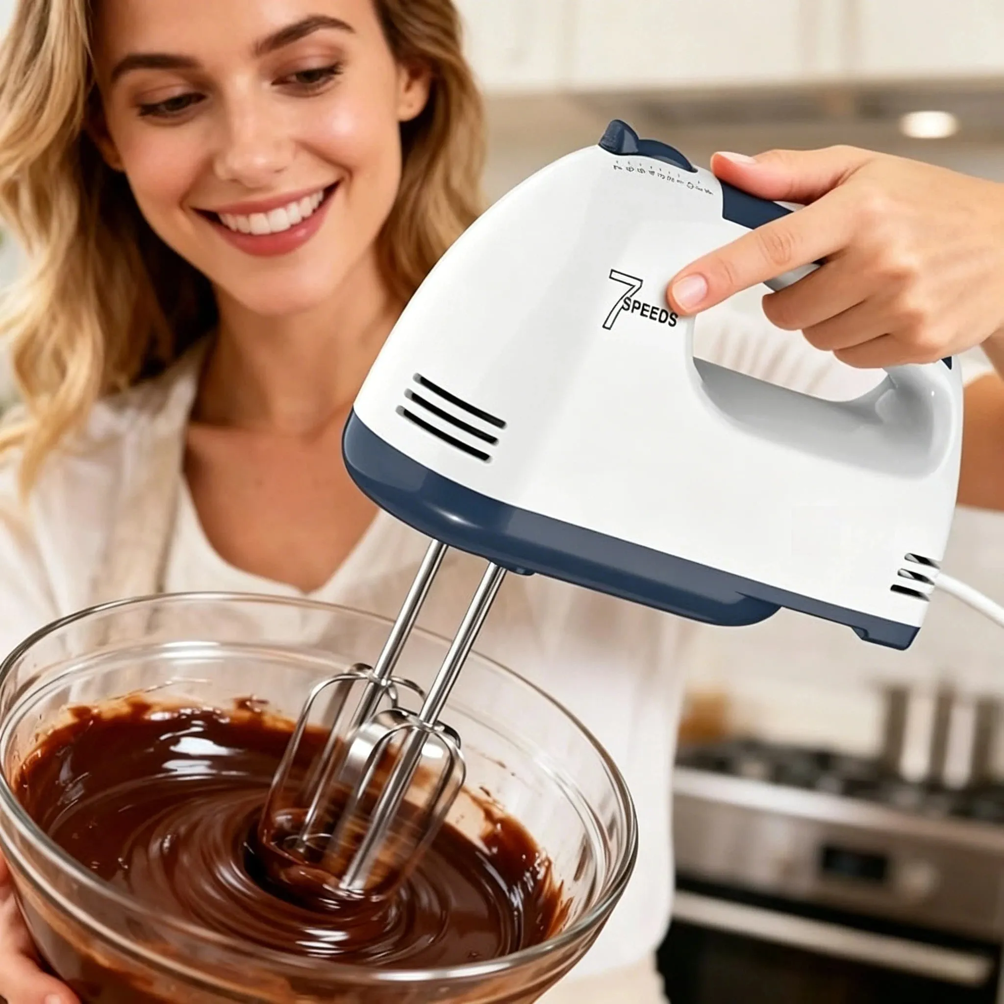 The handheld mixer has 7 speed settings to meet various needs from mixing dry ingredients to whipping cream.