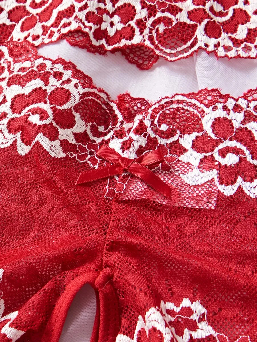 Summer Sexy Hot Women's Lingerie 2pce Open-crotch Pants And Open-tip Bra Vest Adult Underwear Transparent Flower Lace Bras Set
