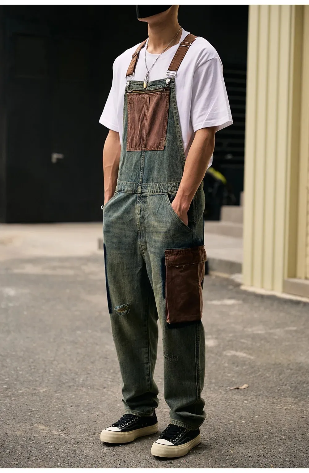 Men Big Multi Pockets Bib Overalls Vintage Blue Distressed Denim Cotton Cargo Jeans Adjustable Suspenders Coveralls Dungarees