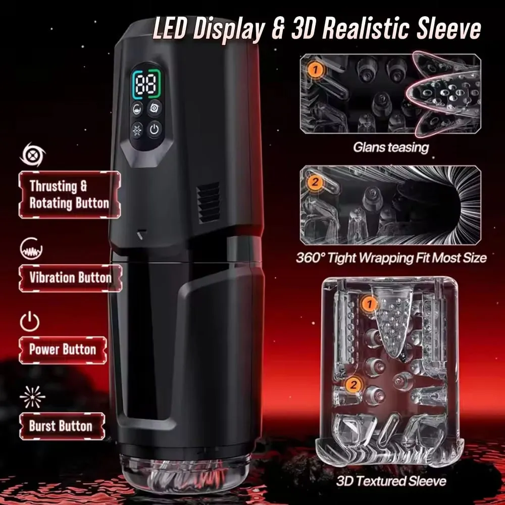 Automático 360 ° Rotação Empurrando Masturbador Masculino Lambendo Pênis Vibrador Display LCD Stroker Bolso Buceta Brinquedos Sexuais para Homens