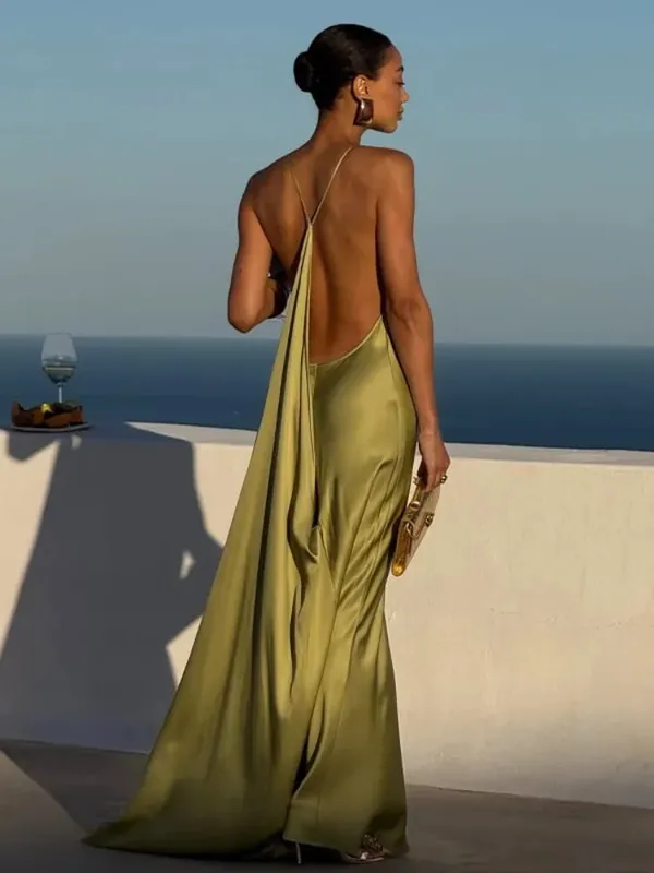 Solid Thin Spaghetti Strap Cowl Neck Slip Long Dress Women Sleeveless High Slit Slim Fitted Evening Gowns Elegant Party Outfit