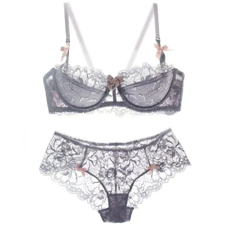 Francês pura paixão arco em forma de alça de ombro renda sexy meia xícara push up conjunto sutiã feminino lingerie fina peito grande pequeno copo S-XL