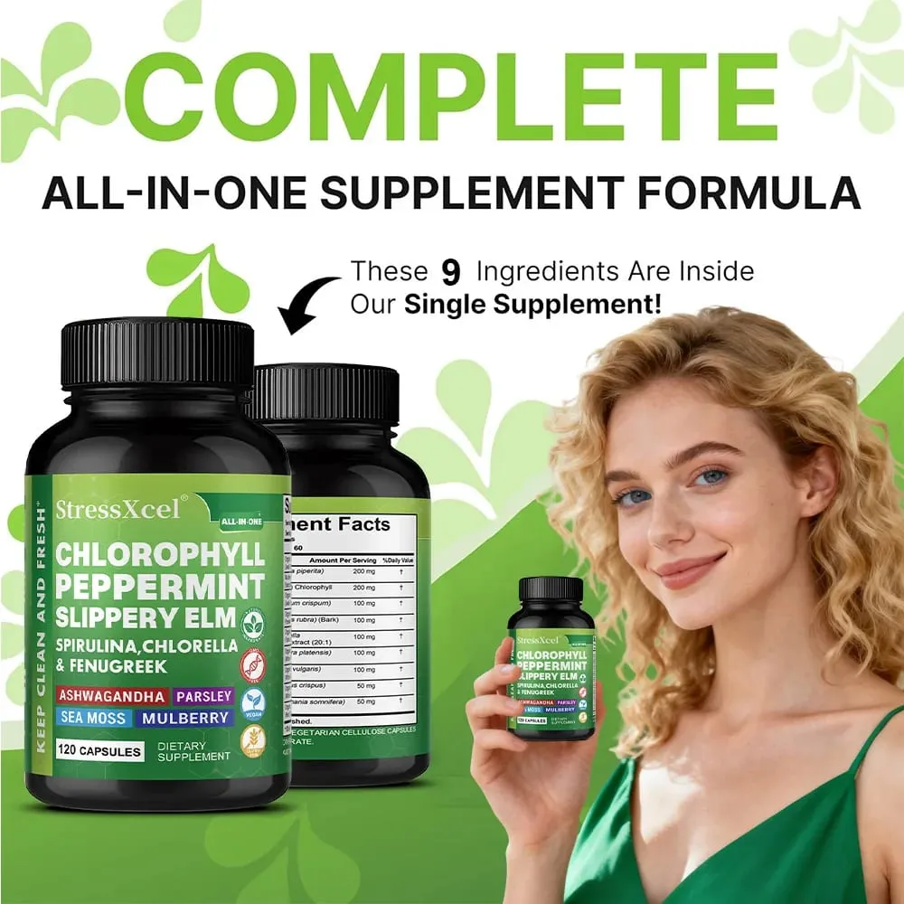 Cápsulas de clorofila com hortelã-pimenta - Apoia a limpeza interna, saúde intestinal, equilíbrio de pH, frescor natural e bem-estar diário