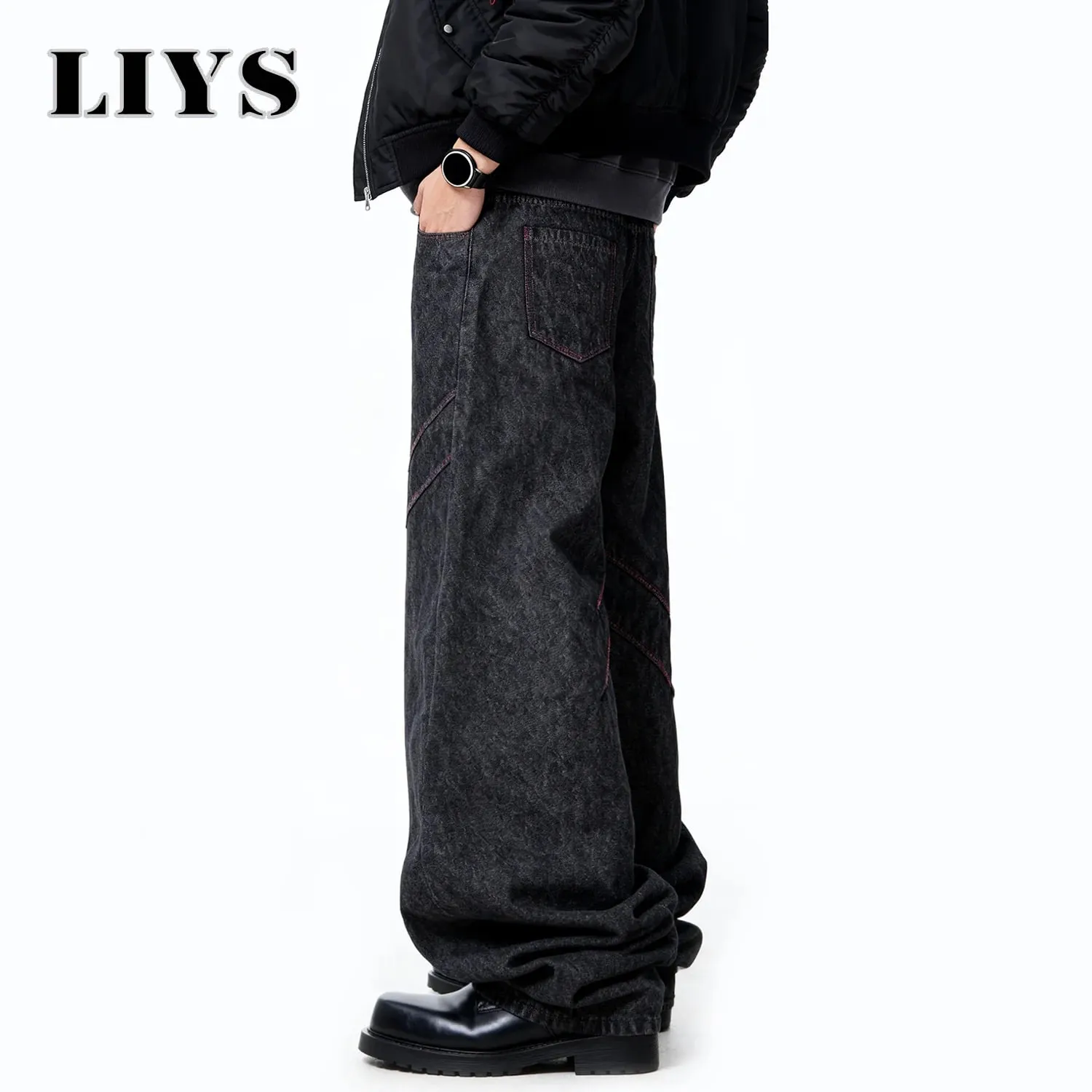 Quatro estações americano retro masculino preto baggy perna larga jeans básico negócios casual solto calças jeans unissex rua jeans