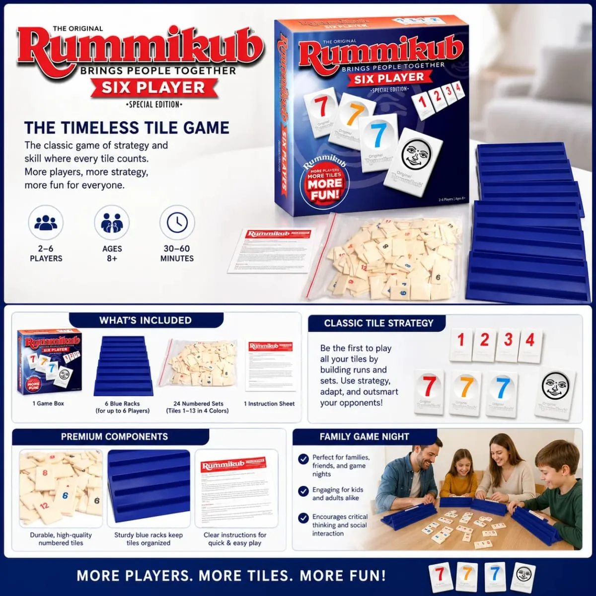 Rummikub jogo de tabuleiro de estratégia de seis jogadores com racks azuis número lógica festa familiar versão em inglês