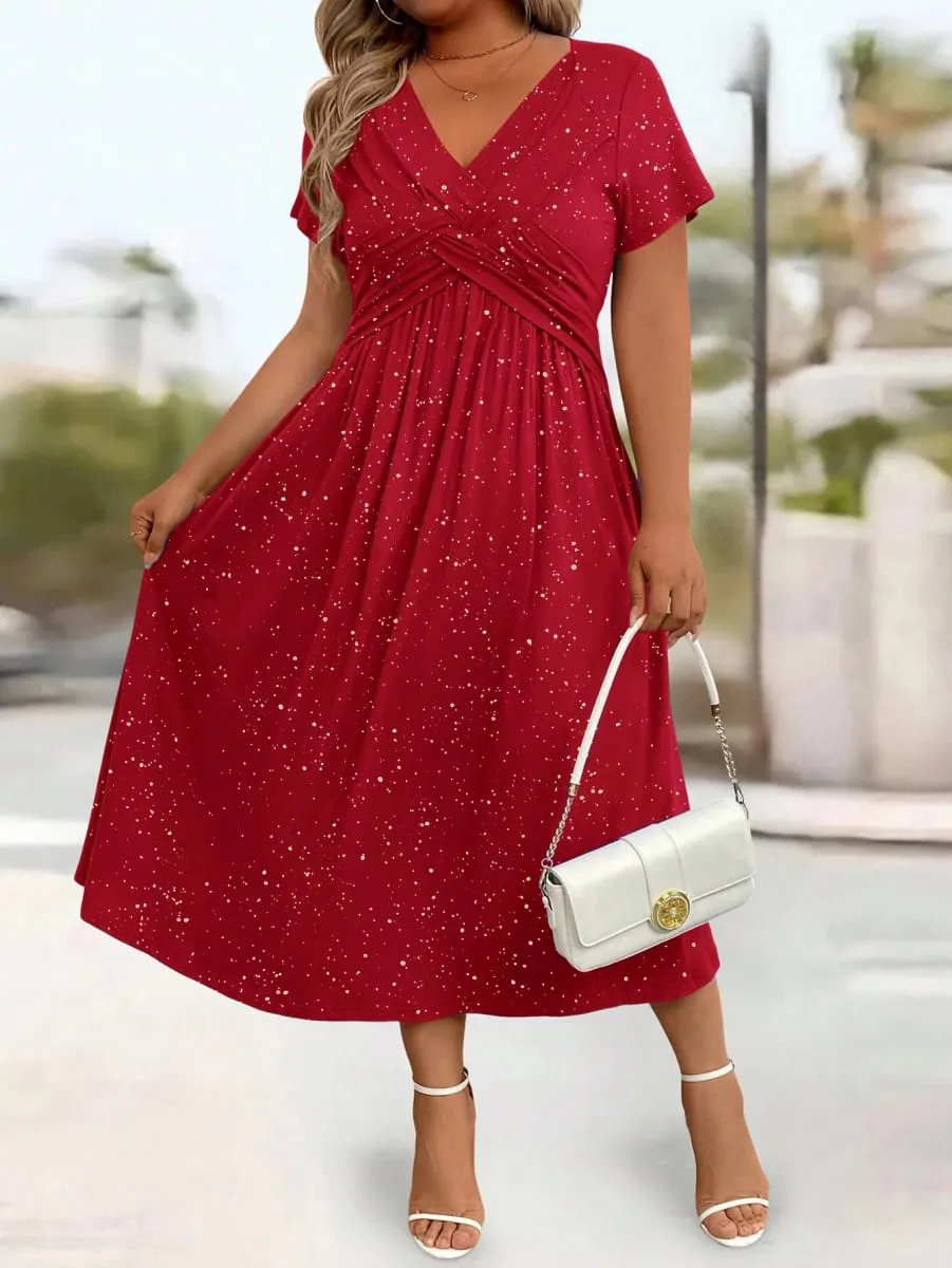 Vestido feminino elegante plus size polvilhado com nó torcido brilhante com bolsos e decote em V
