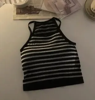 韓版女背心螺紋純色休閒時尚短上衣搭配胸墊條紋無袖外套基本款吊帶背心
