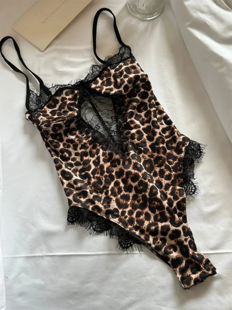 Sexy leopardo impressão halter bodysuit para mulher fina estiramento renda lingerie de uma peça com pescoço pendurado — image 3