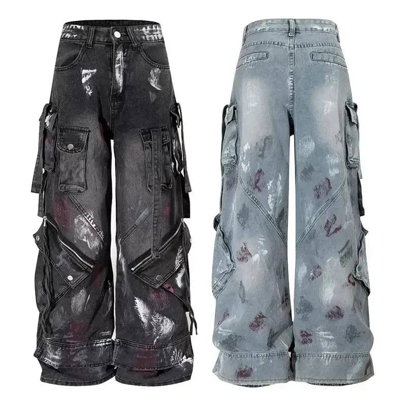 2000s y2k indústria pesada calças de arrasto gótico multi-bolso hip hop calças de perna larga lavadas calças de brim pretas homens e mulheres calças de rua