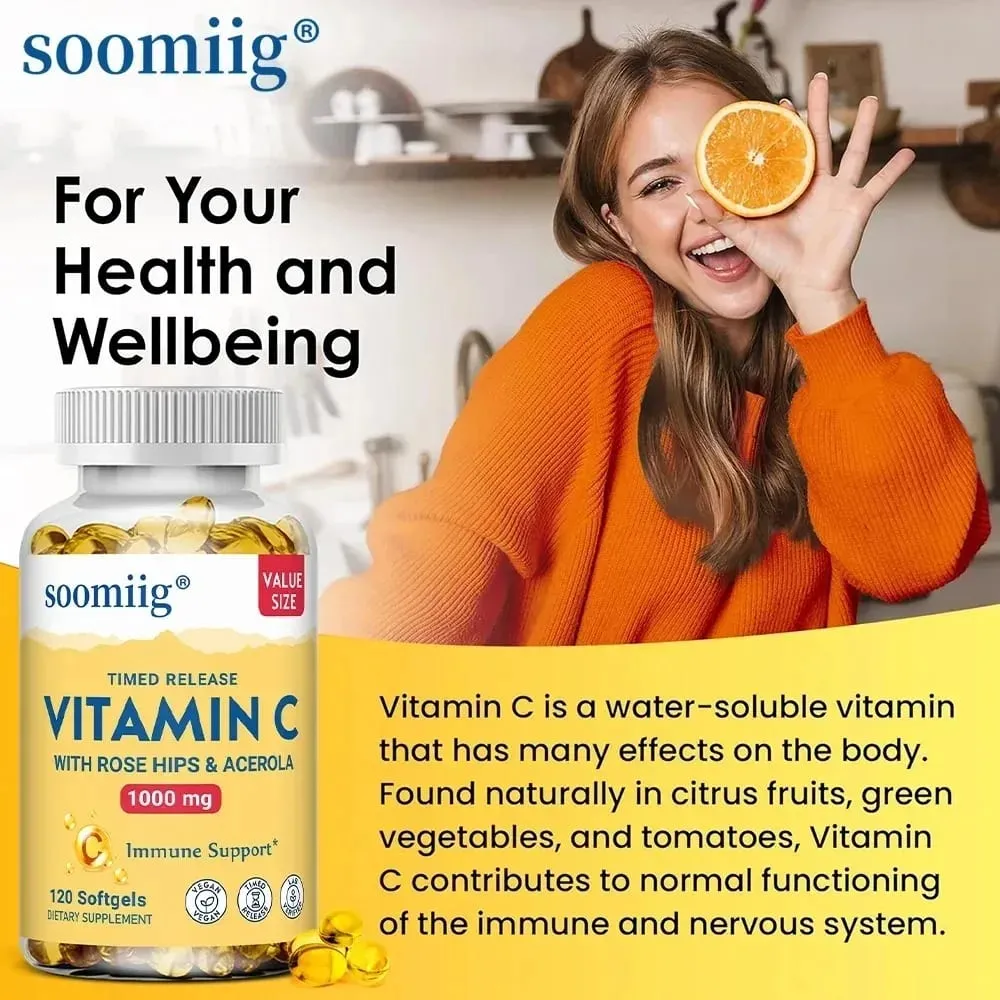 Cápsulas de vitamina C 1000 mg - Suporte imunológico, produção de energia celular, melhora o brilho da pele, dentes e saúde do coração