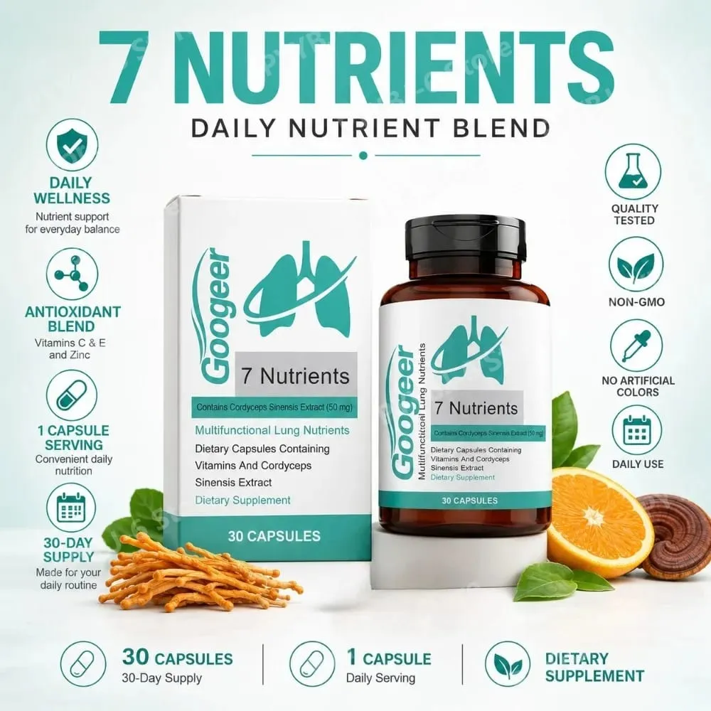 Googeer 7 Nutrientes Cápsulas de Nutrição Pulmonar com Extrato de Cordyceps Sinensis e Vitaminas Suplemento Diário de Bem-Estar Respiratório 30Ct