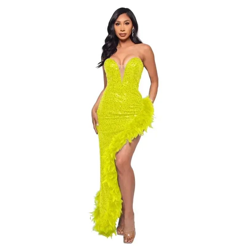 yaya feminino lantejoulas sem alças pena alta lateral divisão sem alças bodycon midi maxi vestido sexy clube até vestidos de festa