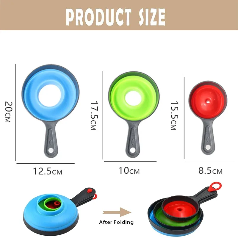 3 pçs/set com 3 tamanho funil de cozinha silicone dobrável telescópico funne pó líquido boca larga jam funil utensílios de cozinha