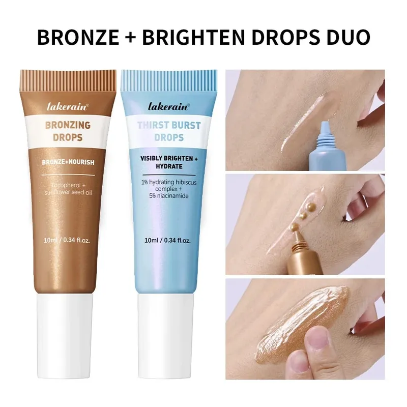 2psc bronze e iluminar gotas duo kit explosão e bronzeamento gotas conjunto de cuidados com a pele nutrir visivelmente iluminar hidratar tamanho de viagem bronze