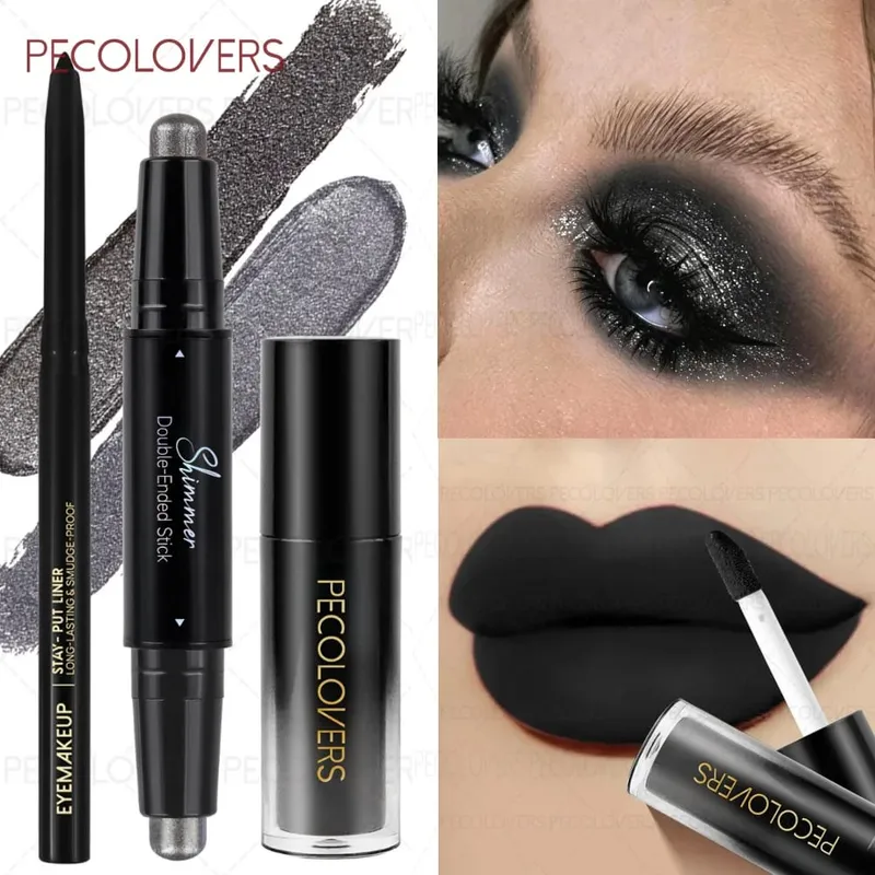 3 PÇS/SET Batom Fosco + Delineador Preto + Caneta de Sombra Brilhante Combinam para Criar uma Maquiagem Preta Punk Halloween/Festas Uso Diário