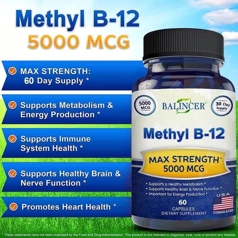 維生素 B12 - 5000 MCG 補充品 - 有益於大腦和心臟功能 支持記憶 學習有助於增強自然能量