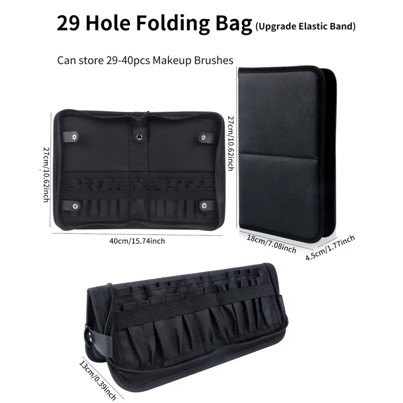 Grande bolsa de maquiagem dobrável preta, organizador de armazenamento de 14-40 furos para pincéis de beleza, bolsa cosmética com alças