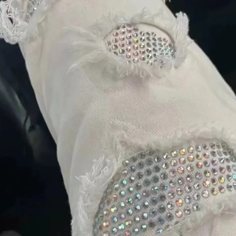 Diamond-encrusted Washed Ripped Patch Patchwork Hot Diamond Jeans Beggar Pants Men