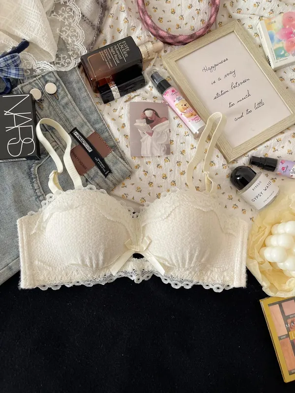 Novo conjunto de lingerie de renda sem fio sutiã acolchoado meia xícara pequeno busto impulso sexy anti-sag roupa interior feminina toda a temporada S-XLAB copo
