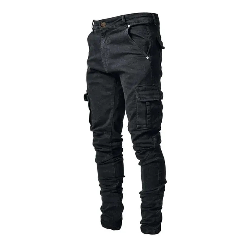 Calça jeans masculina stretch de rua, lavada, cor sólida, multi bolsos, calça de trabalho, casual, slim fit, uso diário, calça de corrida, mid wa