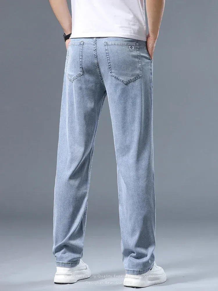 Verão fino masculino solto calças de brim retas lyocell macio drape negócios calças casuais fumaça cinza gelo seda calças plus size 40 42