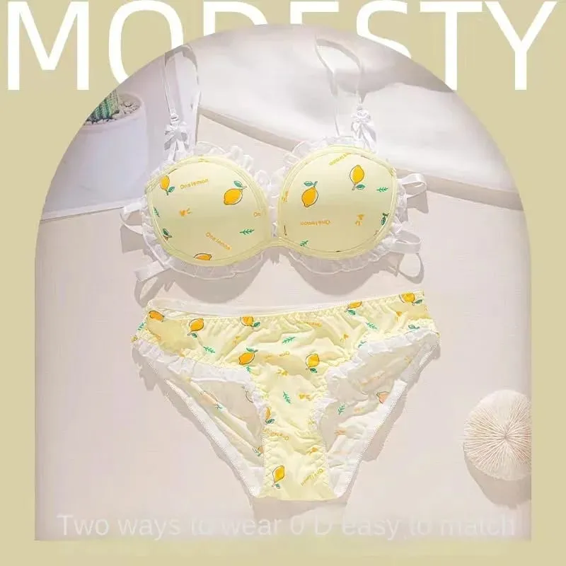 Strawberry 100% Lolita Collection Small Breasts Thin Cartoon Print Underwear Without Wire Back Pure Desire Bra Cover
