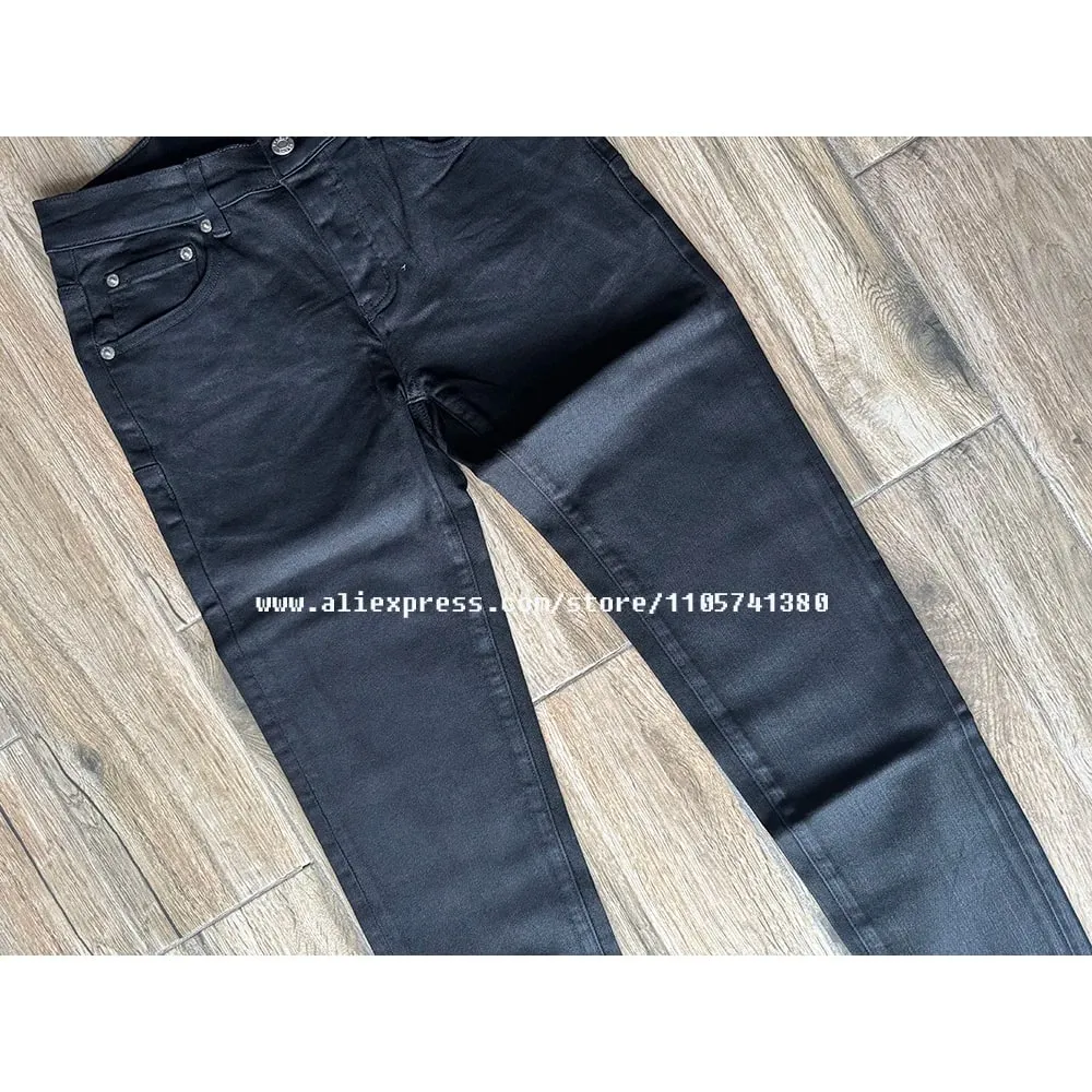 Calça jeans masculina americana High Street desgastada sólida preta revestida de alta elasticidade skinny e slim fit