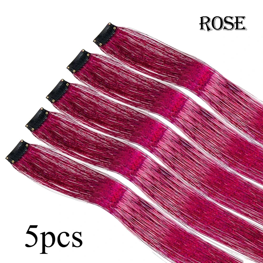 Atacado 5 unidades/pacote espumante brilhante extensões de cabelo clipe em brilho brilhante cabelo enfeites arco-íris brilhante brilho cabelo ouropel rosa/vermelho