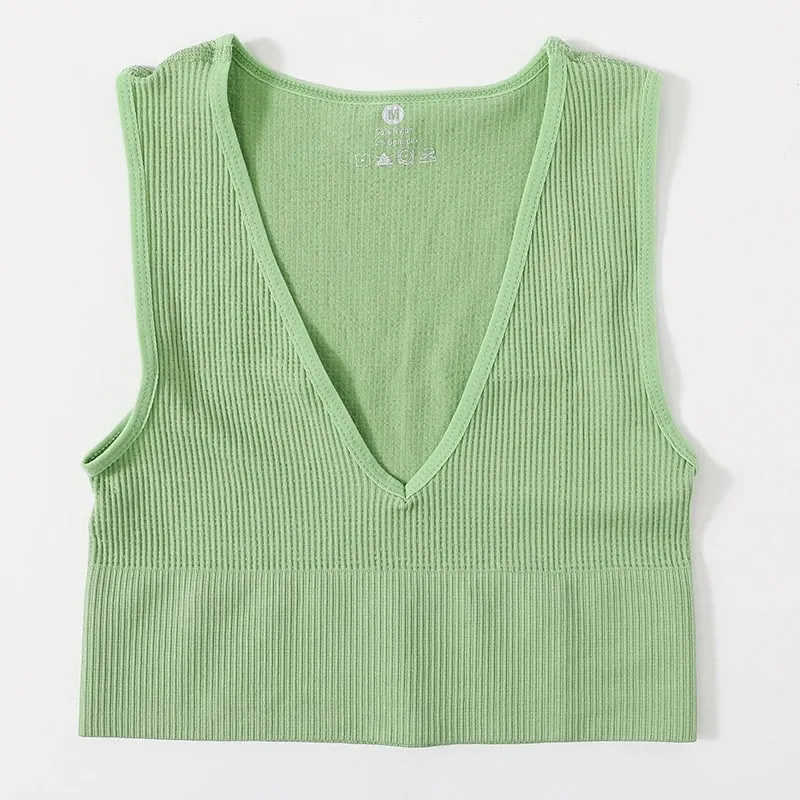 Profundo decote em v wome colheita topo cor sólida fino ajuste tanque elástico sem mangas colete casual com nervuras malha sutiã topo de corte baixo camisola M-XL