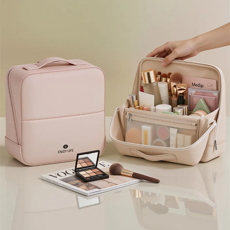 Bolsa de armazenamento para pincéis de maquiagem, bolsa de couro pu com vários compartimentos para ferramentas cosméticas, grande capacidade, organizador de produtos de higiene pessoal para cuidados com a pele — image 1