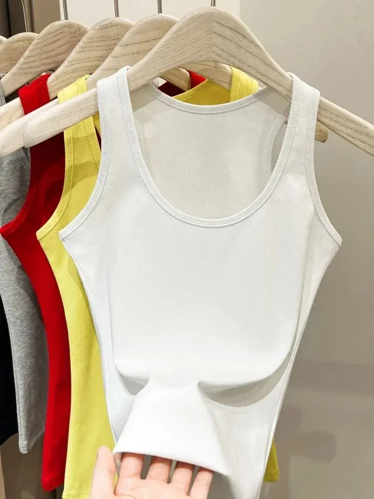 New Korean Style U-Neck Sleeveless Strap Tank Tops Slimming Base Layer Top Fashion Minimalist Design Summer Female Solid Camis