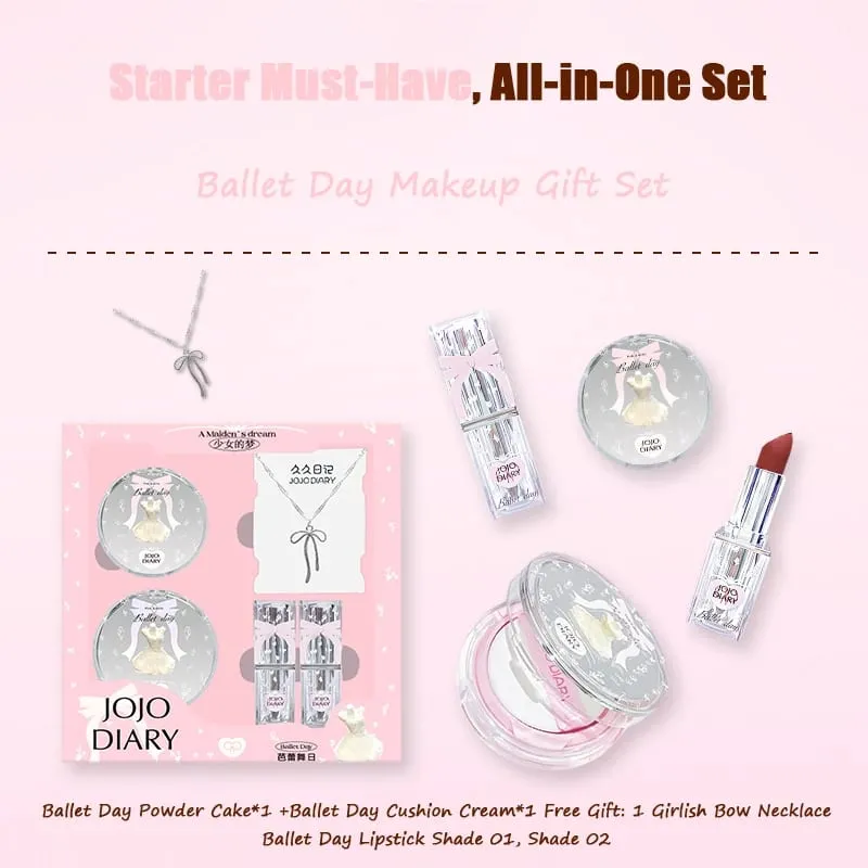 Ballet Day Makeup Gift Set All-in-One Cosmetic Kit with Blush & Lipsticks Bow Necklace Cute Pink Box