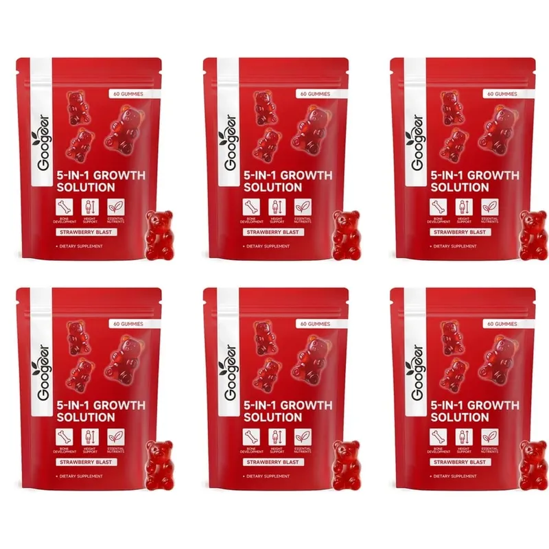 Googeer 5 em 1 solução de crescimento gomas para desenvolvimento ósseo e suporte de altura vitamina D3 K2 cálcio morango explosão 60 gomas
