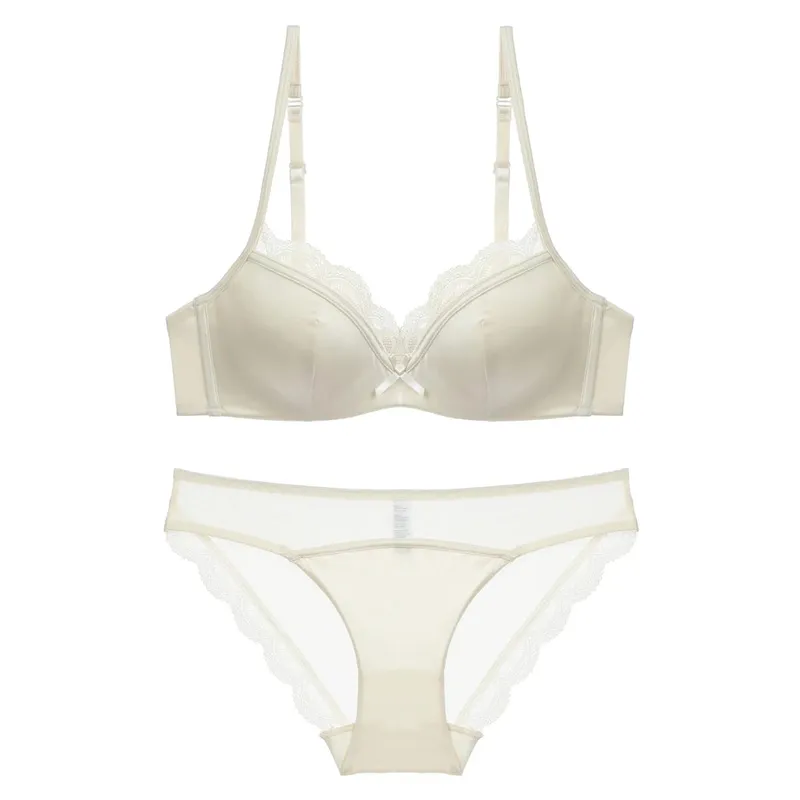 Conjunto de sutiã de renda sem costura de verão para busto pequeno fio macio anti-flacidez emagrecimento bralette & calcinha lingerie leve conjunto sexy