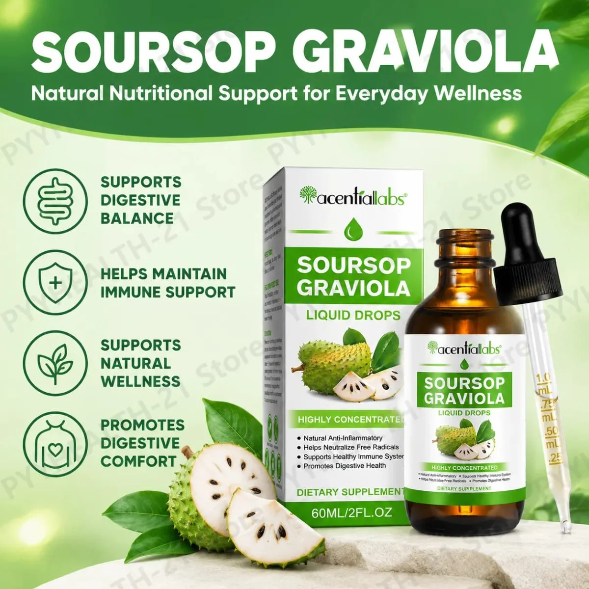 AcentiLabs Graviola Graviola Gotas Líquidas Vitamina C Suporta Saúde Digestiva Sistema Imunológico Defesa Radical Livre 60ml para Adultos