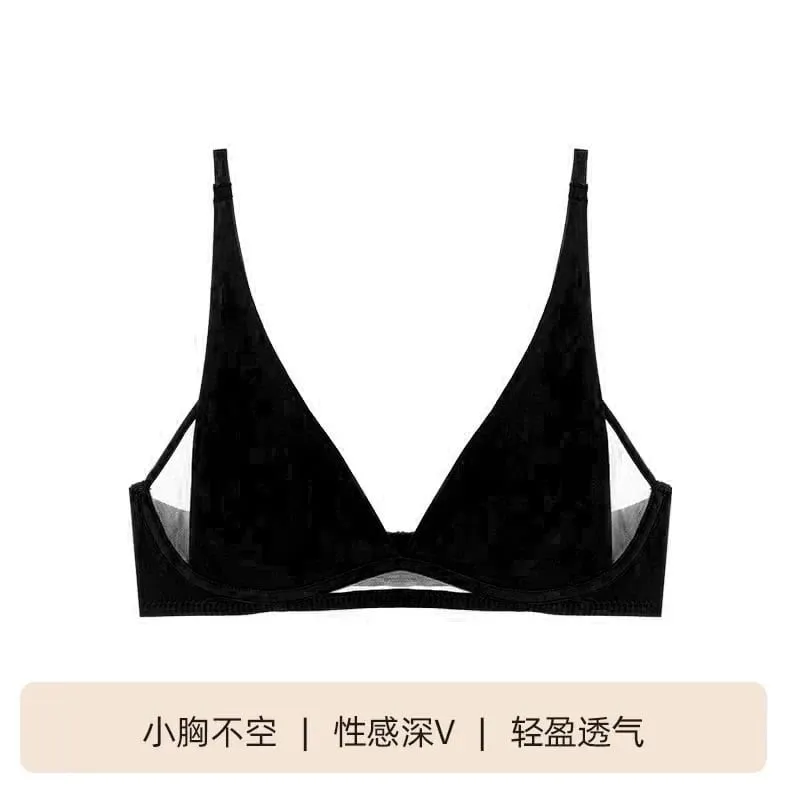 Sutiã triangular francês com orelha de coelho, sutiã sem fio em v profundo para busto pequeno, sem lacuna, conjunto de lingerie sexy respirável, verão fino